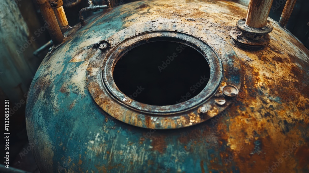 Rusty steel cistern or reservoir with open hatch showcasing industrial aesthetics and aged patina in a vintage setting. Rusty steel cistern or reservoir with open hatch showcasing industrial aesthetics and aged patina in a vintage setting.
