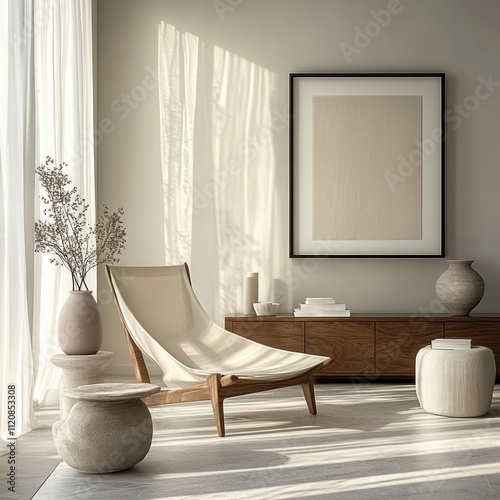 Fototapeta Naklejka Na Ścianę i Meble -  Minimalist Interior Design Mockup with Wooden Chair in Scandinavian Style Living Room