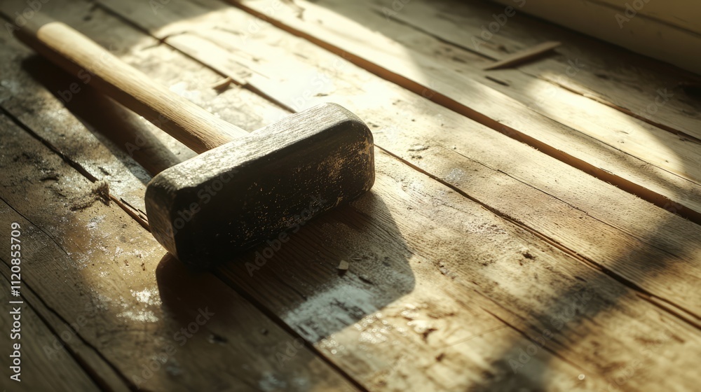 Wooden mallet resting on floorboards for precise woodworking tasks in a sunlit workshop emphasizing craftsmanship and attention to detail Wooden mallet resting on floorboards for precise woodworking tasks in a sunlit workshop emphasizing craftsmanship and attention to detail