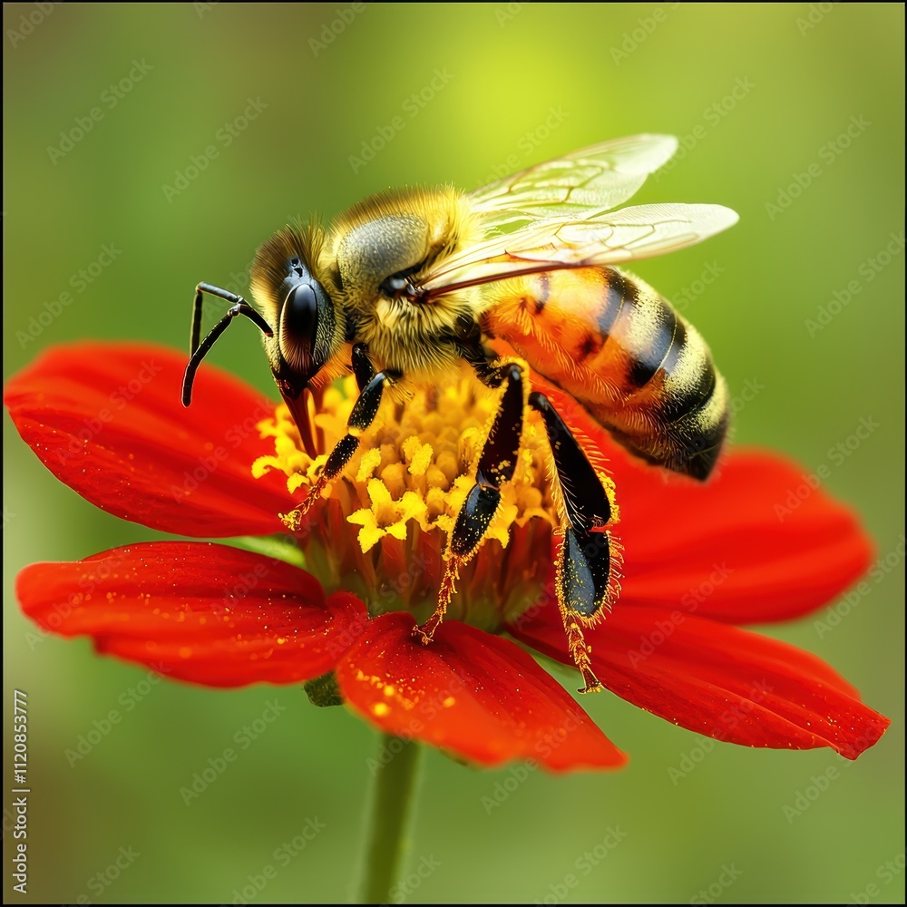 Close-up of a Bee Pollinating a Bright Red Flower in Nature