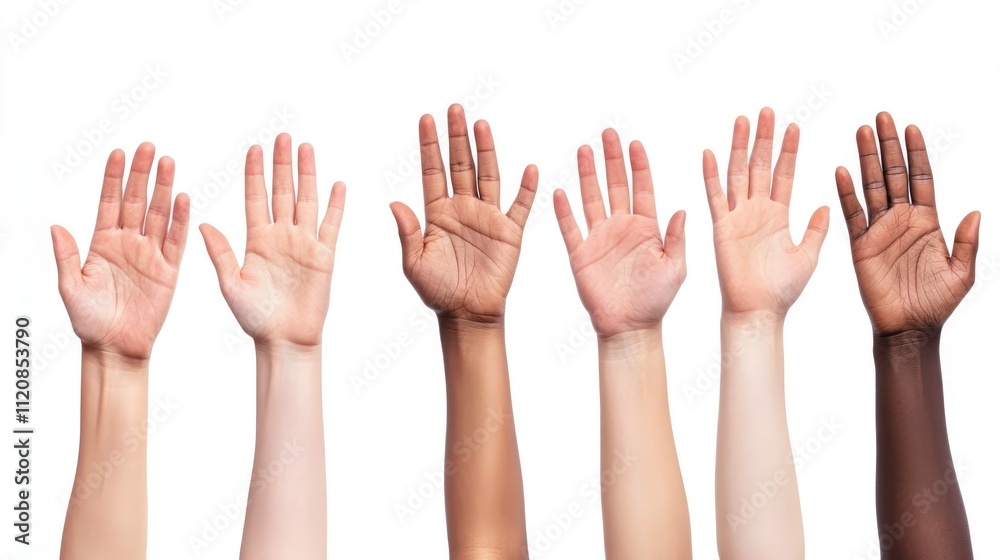 Diverse hands raised against a white background symbolizing unity, openness, and inclusivity in communication and expression. Diverse hands raised against a white background symbolizing unity, openness, and inclusivity in communication and expression.