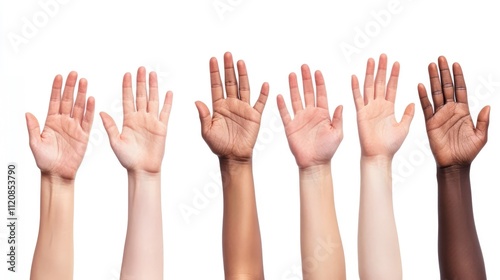 Diverse hands raised against a white background symbolizing unity, openness, and inclusivity in communication and expression.
