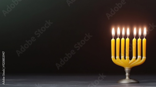 A menorah with yellow candles lit against a dark background.