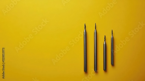 Interchangeable screwdriver set featuring various steel heads and bits arranged neatly on a vibrant yellow background. photo