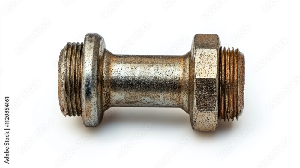 Metal threaded pipe fitting isolated on white background showcasing industrial hardware and plumbing components in a clear view