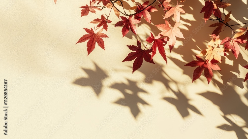Minimalistic Autumn Scene with Maple Tree Leaves Shadows on Cream Colored Background Minimalistic Autumn Scene with Maple Tree Leaves Shadows on Cream Colored Background