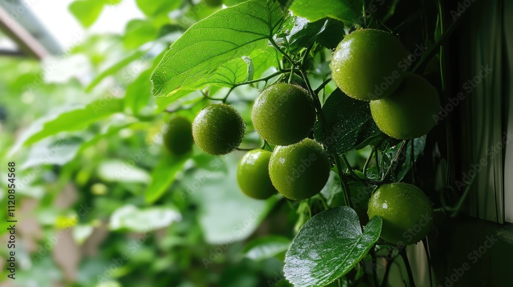 Homegrown passion fruit vine showcasing vibrant green fruits amidst lush foliage in a garden setting. Homegrown passion fruit vine showcasing vibrant green fruits amidst lush foliage in a garden setting.