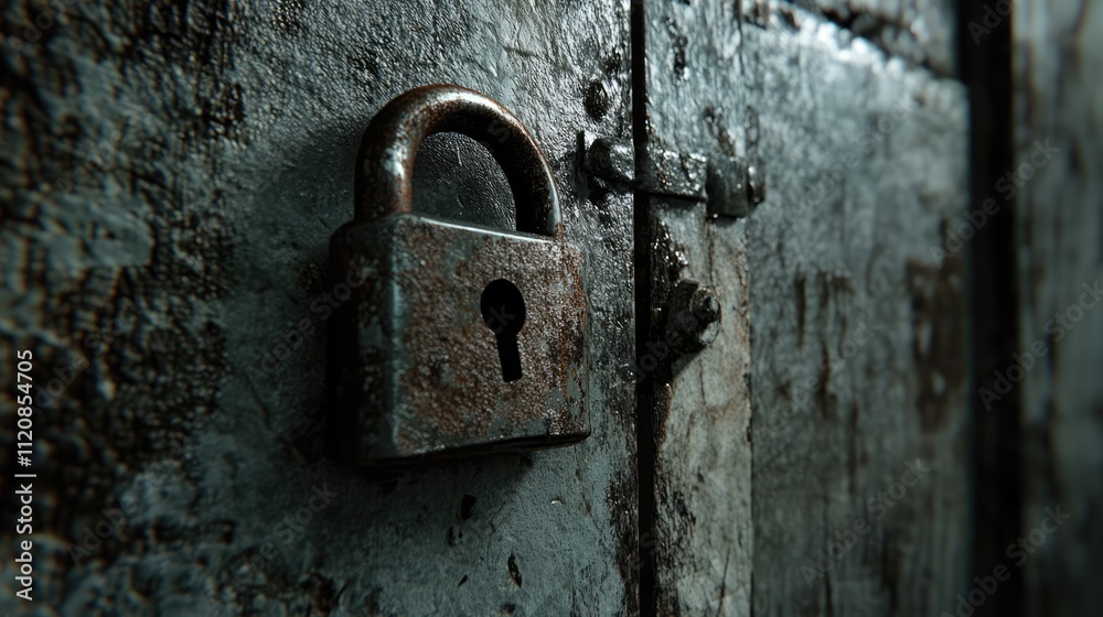 Rusty iron padlock secured to an old weathered door with a textured metallic surface conveying themes of security and age. Rusty iron padlock secured to an old weathered door with a textured metallic surface conveying themes of security and age.