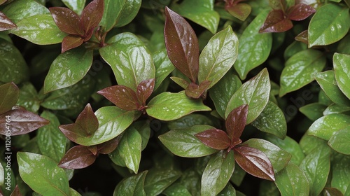 Glossy maroon and green leaves of smooth witherod shrub showcasing seasonal color changes from dark maroon to bronze in autumn photo