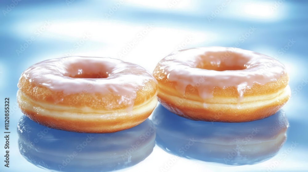 Sweet iced doughnuts with glossy glaze on a soft blue backdrop ideal for dessert or bakery-themed promotions Sweet iced doughnuts with glossy glaze on a soft blue backdrop ideal for dessert or bakery-themed promotions