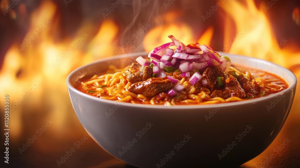 Beef Khao Soi coconut curry noodle soup topped with red onions against a dramatic flame background in Northern Thai culinary style Beef Khao Soi coconut curry noodle soup topped with red onions against a dramatic flame background in Northern Thai culinary style