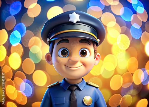 Cute Cartoon Police Officer, Bokeh Background, Friendly Cop, Illustration, Clipart, Police Badge, Law Enforcement, Children's Book photo