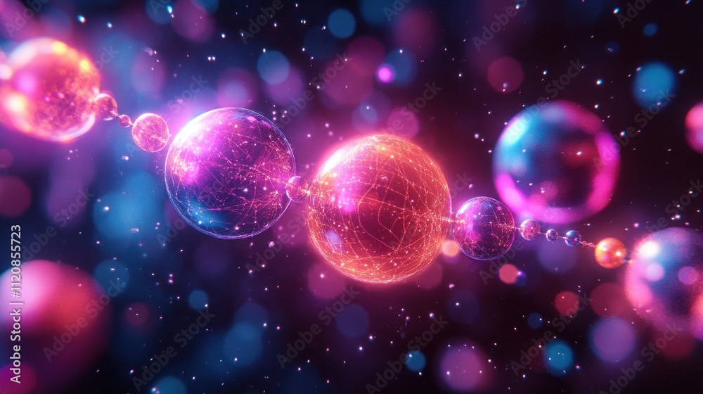 Vibrant Abstract Digital Art with Glowing Neon Spheres and Geometric Shapes in a Cosmic Dark Background Vibrant Abstract Digital Art with Glowing Neon Spheres and Geometric Shapes in a Cosmic Dark Background