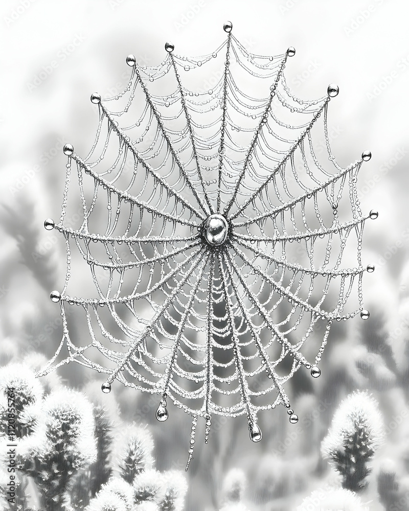 Fototapeta premium Frozen spiderweb with dew drops in monochrome.