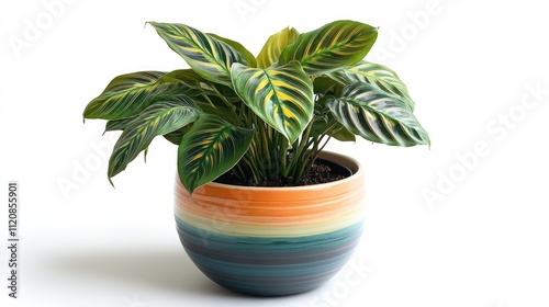 Vibrant Maranta houseplant in a colorful decorative pot on a clean white background showcasing natural beauty and indoor decor potential photo