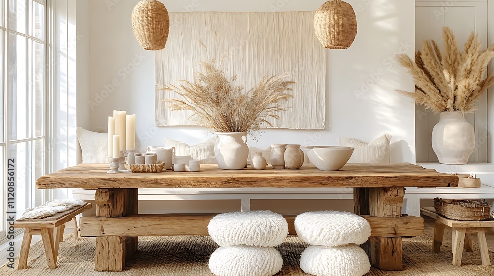A farmhouse dining room with a reclaimed wood table, mismatched vintage ...