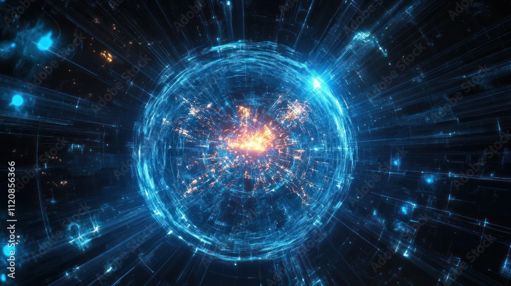 Obraz premium A glowing spherical representation of energy and particles in motion.