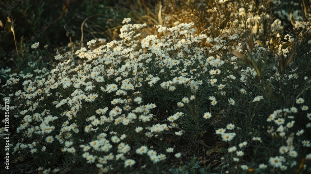 Blooming Symphyotrichum dumosum flowers in a sunlit October meadow creating a serene natural ambiance Blooming Symphyotrichum dumosum flowers in a sunlit October meadow creating a serene natural ambiance
