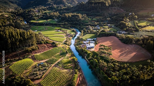 Aerial View of Scenic River Flowing Through Lush Green Fields