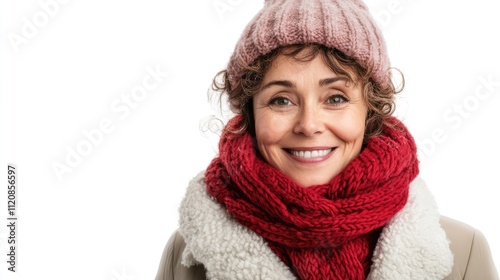 Cheerful woman in winter attire with pink hat and red scarf smiling warmly against a white background