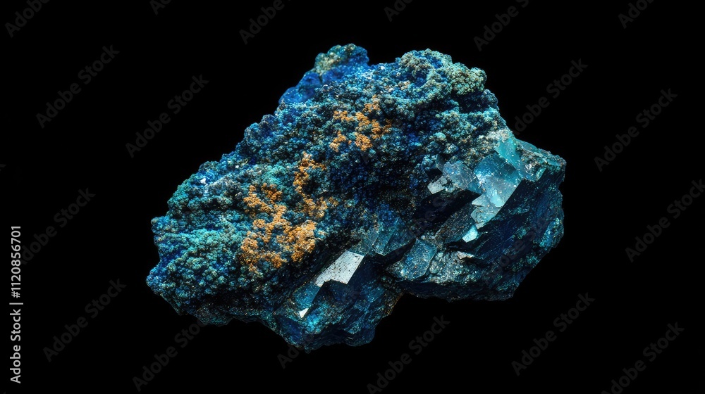 Macro close-up of vibrant azurite mineral stone with detailed textures set against a dark background for geological and natural beauty themes. Macro close-up of vibrant azurite mineral stone with detailed textures set against a dark background for geological and natural beauty themes.