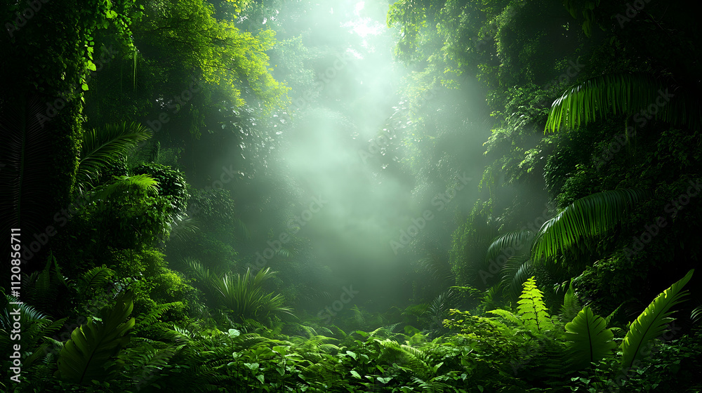 Lush green jungle with sun rays penetrating through dense foliage and mist. Lush green jungle with sun rays penetrating through dense foliage and mist.