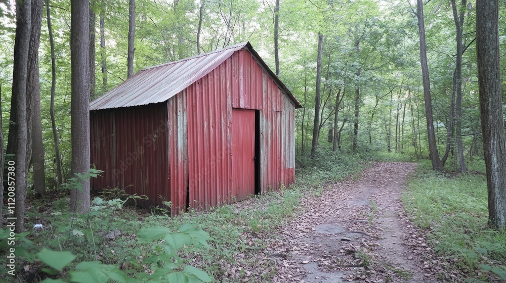 Rustic metal shed surrounded by lush greenery in a secluded forest pathway inviting exploration and tranquility in nature. Rustic metal shed surrounded by lush greenery in a secluded forest pathway inviting exploration and tranquility in nature.