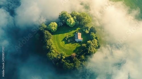 Aerial view of a serene green field with a home icon surrounded by trees and mist representing real estate and dream property concepts