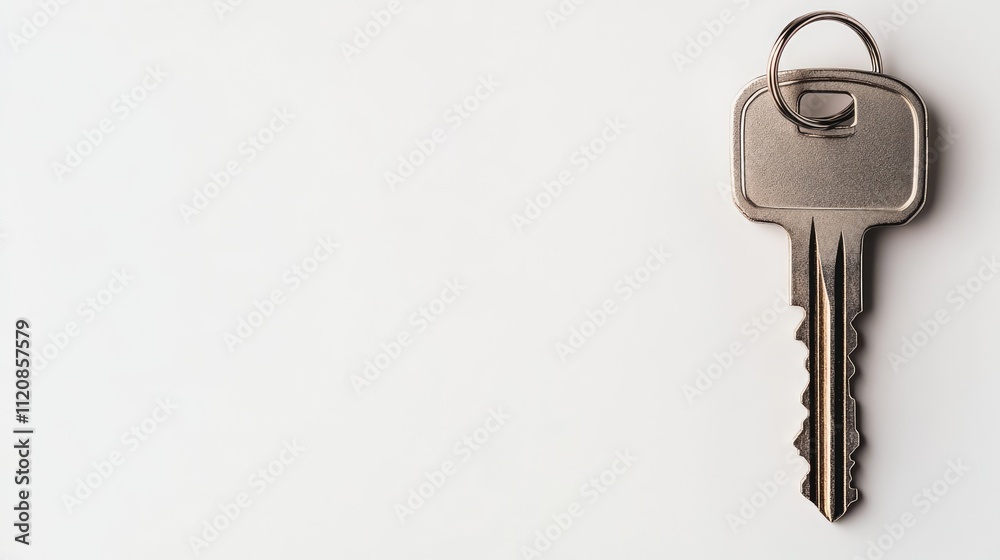 Metal key on a clean white background symbolizing security and access for real estate or locksmith services Metal key on a clean white background symbolizing security and access for real estate or locksmith services