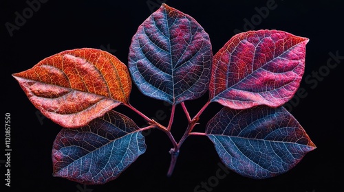 Vibrant macro photograph of colorful dried leaves against a dark background highlighting intricate textures and autumn hues photo