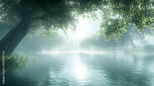 Misty morning sun over tranquil lake, trees reflecting in calm water.