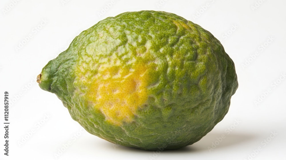 Textured green lemon with yellow spot against white backdrop showcasing natural imperfections and uniqueness of fruit. Textured green lemon with yellow spot against white backdrop showcasing natural imperfections and uniqueness of fruit.
