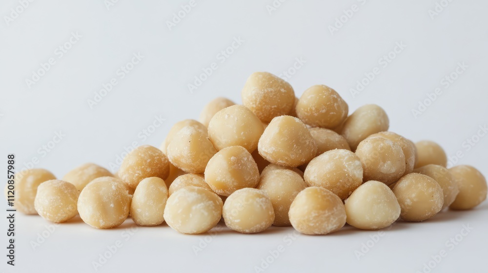 Macadamia nuts piled on a white background showcasing their unique texture and color in a studio setting for culinary or health-focused content Macadamia nuts piled on a white background showcasing their unique texture and color in a studio setting for culinary or health-focused content