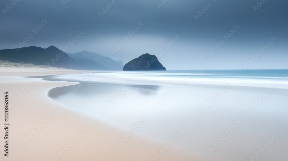 Fototapeta premium Calm long exposure seascape featuring a solitary sea stack and serene beach under a moody sky with gentle waves.