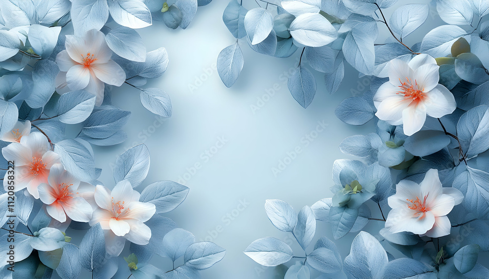 Pastel blue flowers and leaves frame on light blue background. Pastel blue flowers and leaves frame on light blue background.