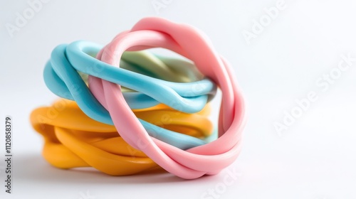 Colorful flexible rubber bands for hair styling and beauty accessories arranged creatively on a light background