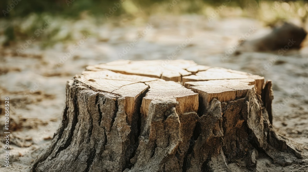 Detailed view of an old tree stump with visible cracks showcasing natural textures in a forest setting outdoors Detailed view of an old tree stump with visible cracks showcasing natural textures in a forest setting outdoors