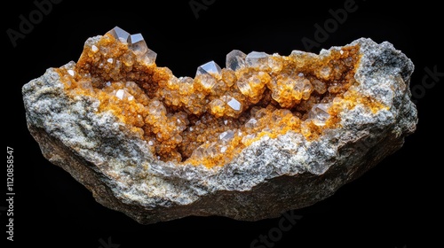 Close up of Hemimorphite mineral stone crystals on a black background showcasing unique geological textures and vibrant color contrasts photo