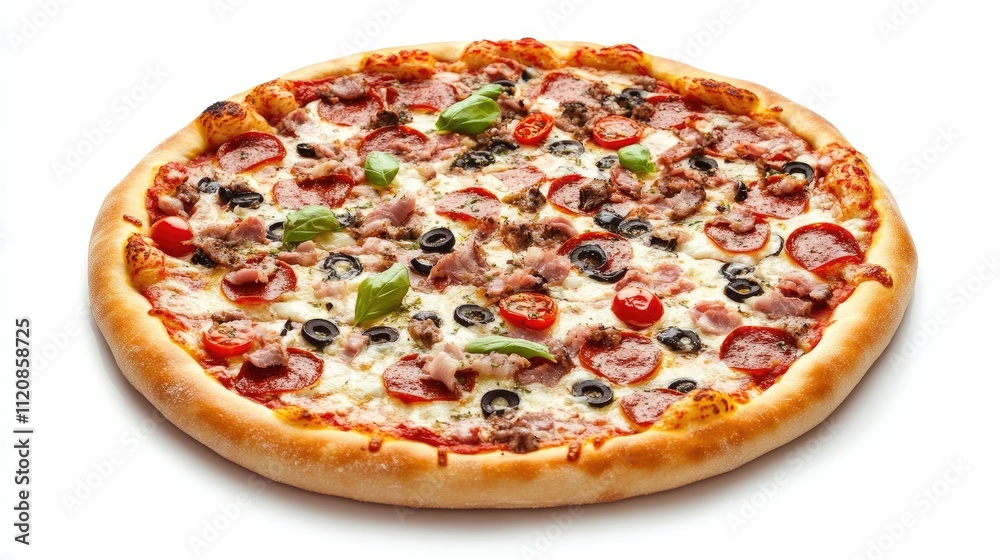 Delicious pizza topped with sausage meat cheese tomatoes and olives garnished with fresh basil on a wooden serving board Delicious pizza topped with sausage meat cheese tomatoes and olives garnished with fresh basil on a wooden serving board