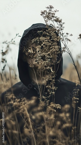 Hidden Identity: An Enigmatic Figure in a Field of Dried Plants photo