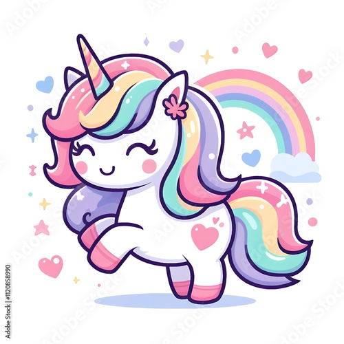 Adorable Rainbow Unicorn Illustration: Magical Pastel Creature with a Sparkling Mane and a Rainbow Background