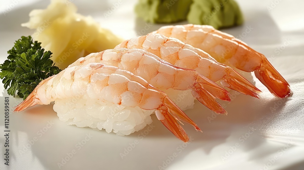Shrimp Nigiri Sushi plated with fresh ginger and wasabi showcasing traditional Japanese cuisine delights Shrimp Nigiri Sushi plated with fresh ginger and wasabi showcasing traditional Japanese cuisine delights