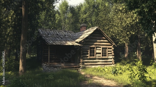 Rustic log cabin nestled in a serene forest surrounded by lush greenery and sunlight filtering through the trees