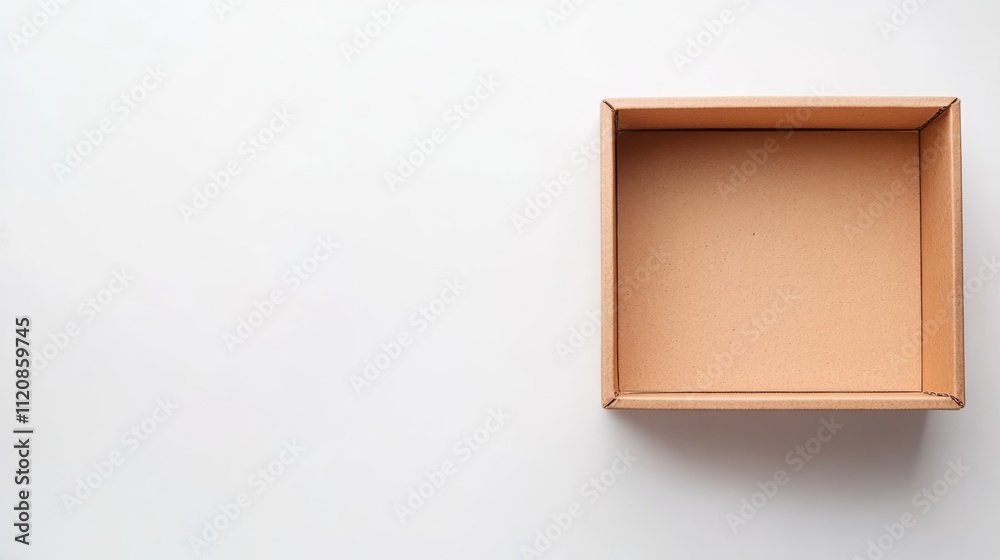 Fototapeta premium Open empty brown cardboard box on a clean white background, featuring a rectangular shape ideal for storage or packaging, minimalistic design, product packaging, shipping, organizational use.