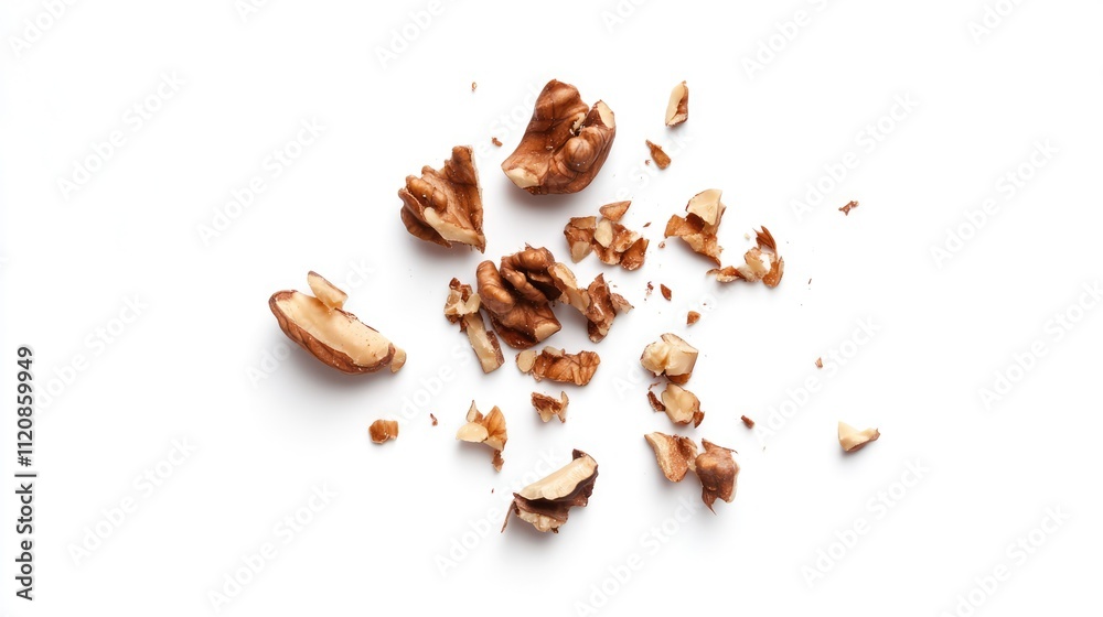 Walnut kernels and crushed pieces scattered on a clean white background for culinary and health-related concepts