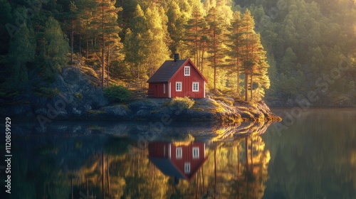 Charming red farmhouse surrounded by trees on a tranquil lake in Southern Norway with perfect reflections in the water photo