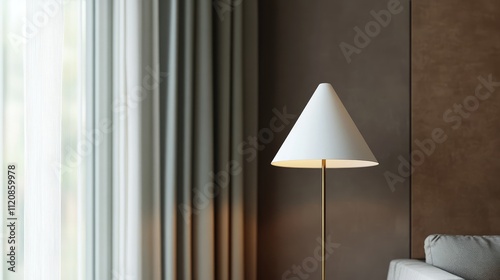 Elegant minimalist floor lamp with white cone shade and gold stand in modern interior featuring gray curtains and brown wall accents