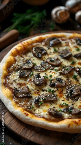 Freshly baked truffle or mushroom pizza on a wooden plate looks delicious, warm, luxurious and tempting. It is suitable for promoting restaurants or food products in advertising and social media. photo