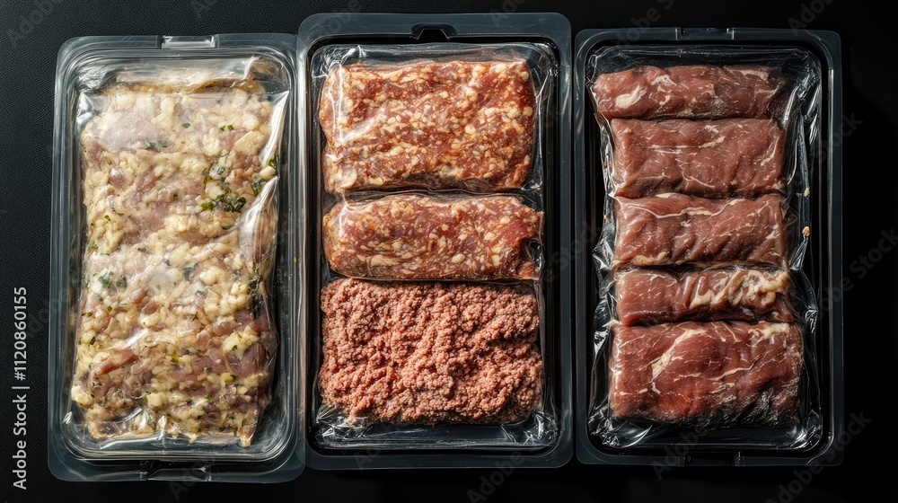 Packaged minced meat varieties in transparent containers displayed on a dark surface showcasing freshness and quality for meat products. Packaged minced meat varieties in transparent containers displayed on a dark surface showcasing freshness and quality for meat products.