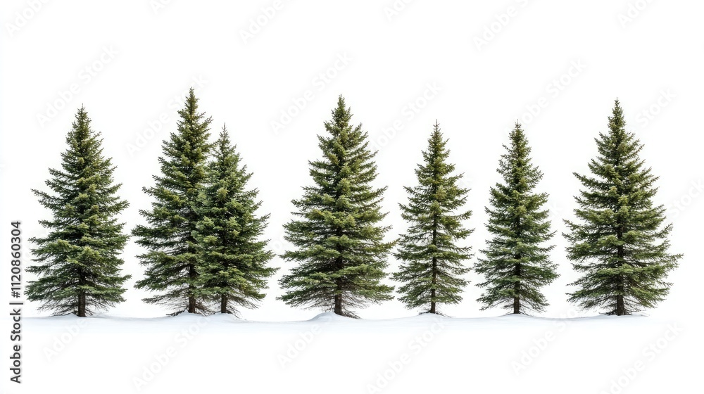 Obraz premium Isolated coniferous trees in a row with snow on the ground set against a clean white background for nature and seasonal concepts